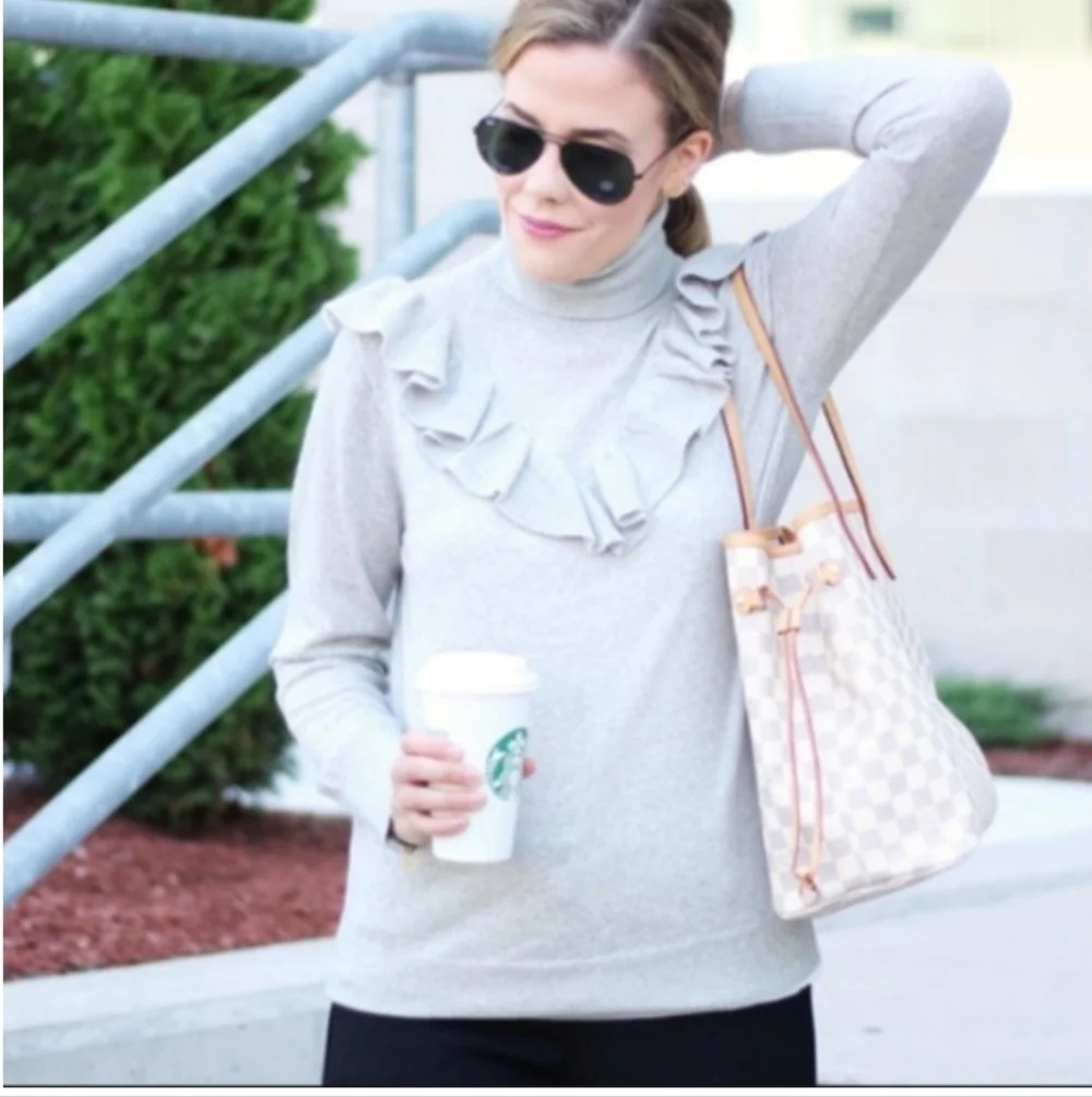 J. Crew Merino Wool Grey Turtleneck Ruffle Sweater Zip‎ Cuffs Size Medium